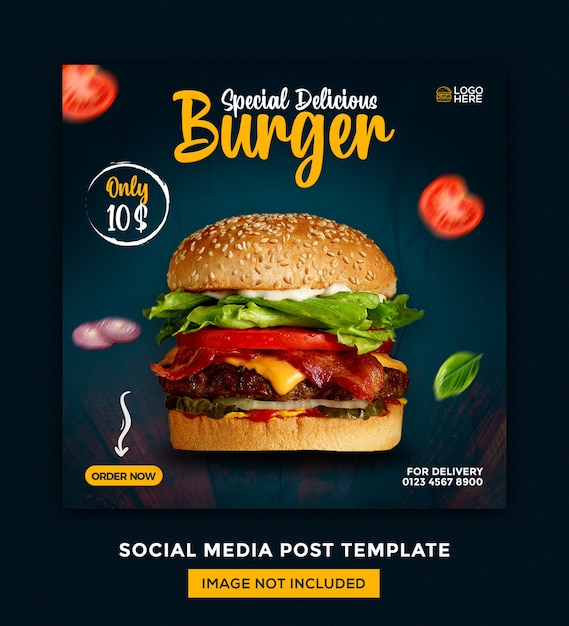 ハンバーガーフードメニューとレストランソーシャルメディア投稿デザインテンプレート