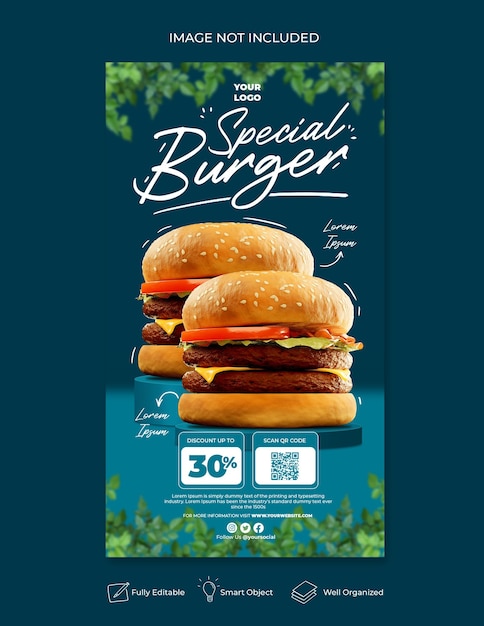Шаблон баннера истории instagram для продвижения меню бургеров в социальных сетях