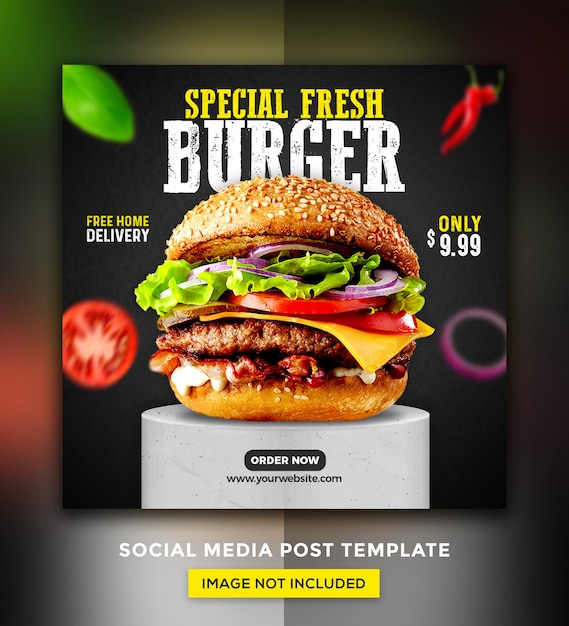 PSD modello di progettazione di post sui social media per la promozione del menu di hamburger