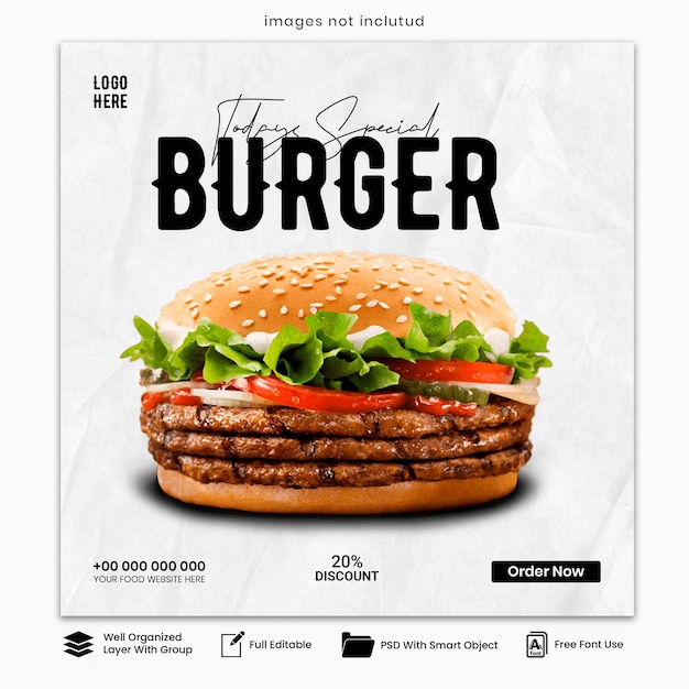 ハンバーガーフードメニューとレストランソーシャルメディア投稿デザインテンプレート