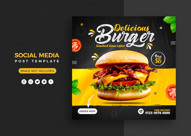 Burger food menu and restaurant social media post and instagram banner template