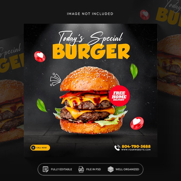 Burger food promozione sui social media e progettazione di modelli di banner per post su instagram