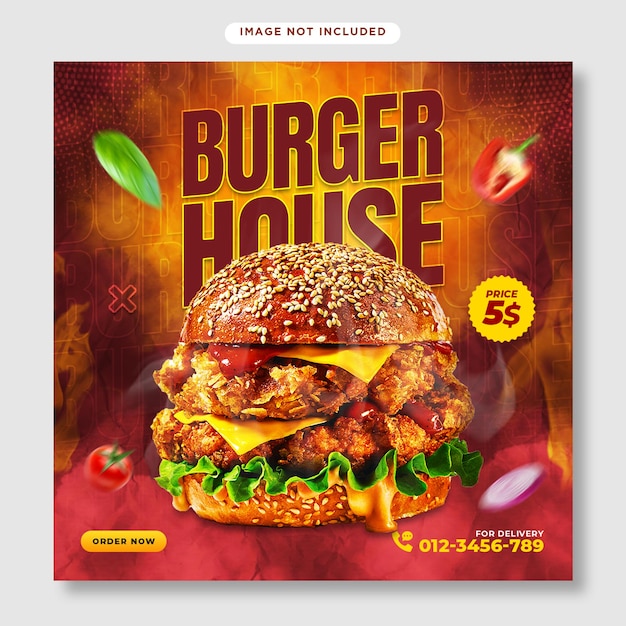 Burger house social media post square banner template for fast food restaurant