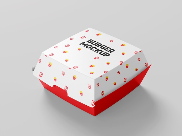 Burger packaging box mockup with red and white design