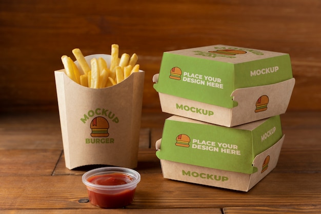 Burger packaging  and fries arrangement