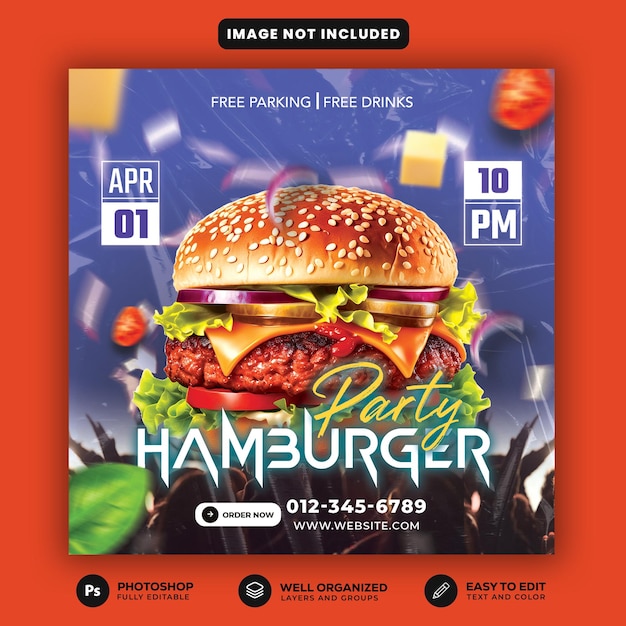 PSD burger party social media post flyer banner sjabloon