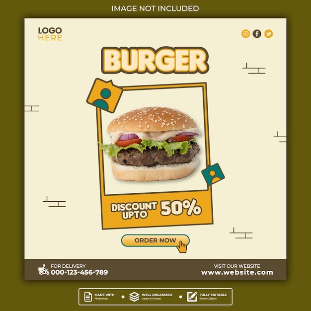 Burger promo instagram post of vierkante webbanner social media sjabloon