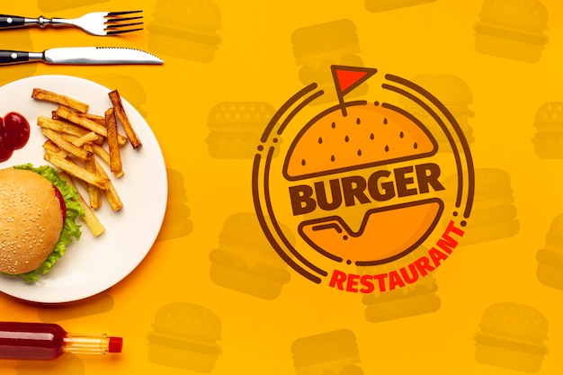 Burger restaurant and plate on fast food doodle background