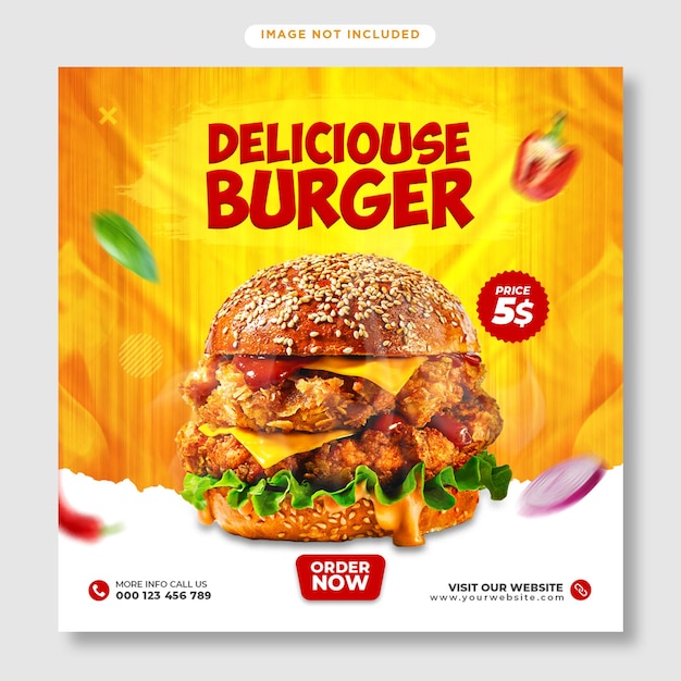Modello di post banner social media ristorante hamburger