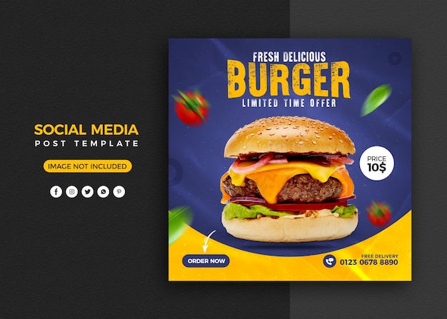 Burger promozione sui social media e modello di progettazione post banner instagram