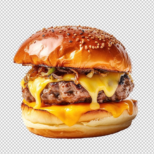 PSD burger z wołowiną kobe z błyszczącym bułeczkiem brioche i wyciągniętym serem cheddar na chrupiącym i czystym białym tle izolowany job id 637632a392ff4141a721927ba8a5e464