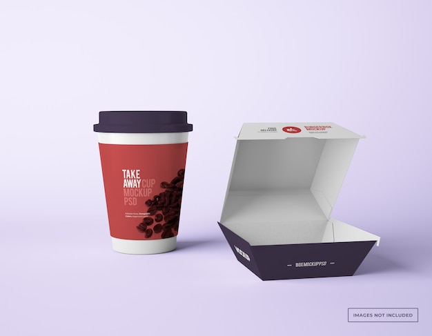 Burgerbox-verpakking met mockups voor papieren bekers