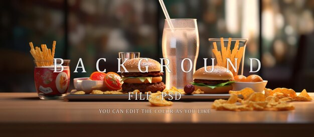 Burgerfries and soda drinks on the table on a dark background