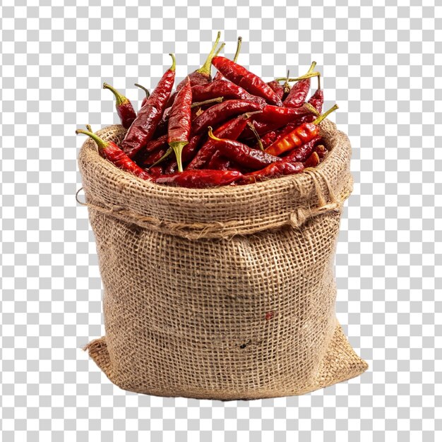 PSD burlap sack on dried red chilies isolated on transparent background