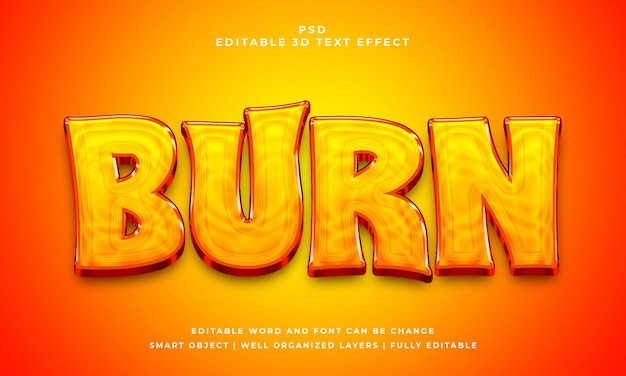 Burn 3d editable psd text effect with background