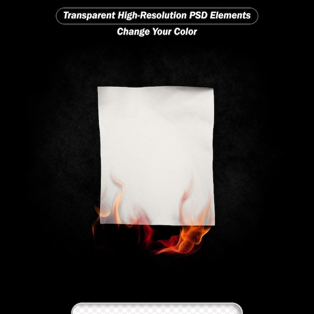 PSD burned old paper realistic concept one yellowing sheet is on fire against dark background