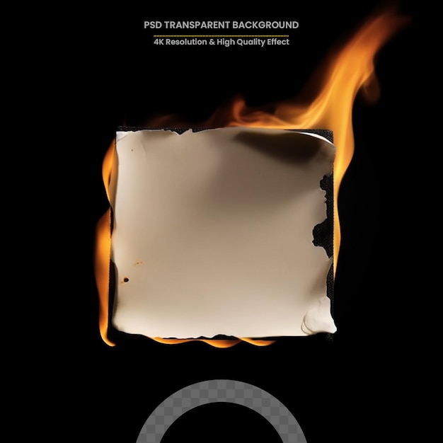 PSD burned old paper realistic concept one yellowing sheet is on fire against dark background
