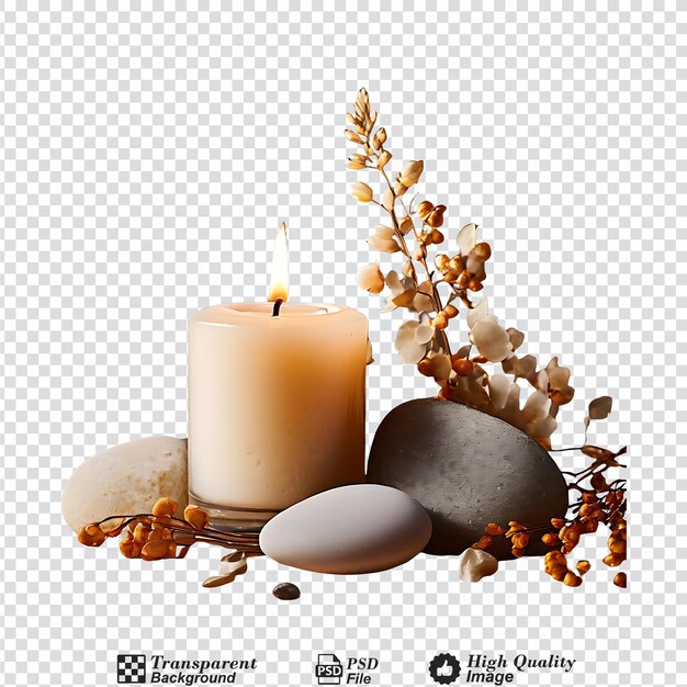 PSD candela ardente su beige composizione estetica calda con pietre e fiore secco