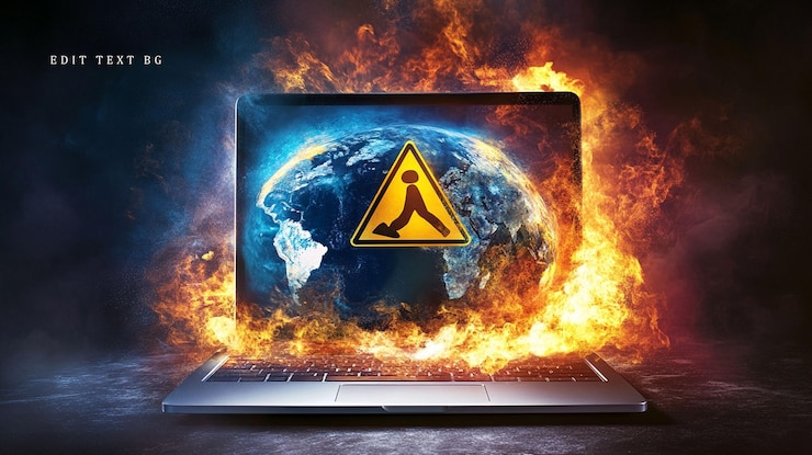 PSD burning laptop displaying global warning sign