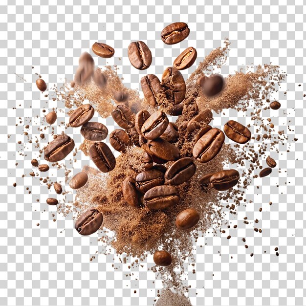 A burst of arabica grain with splashes of brown on transparent background