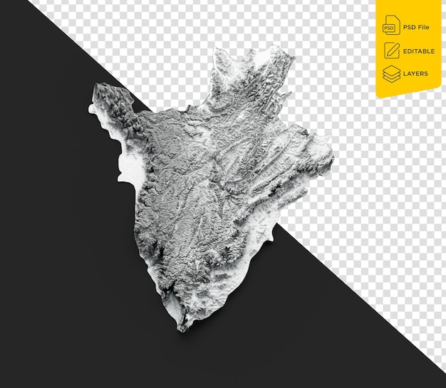 PSD burundi map flag shaded relief color height map on black background 3d illustration
