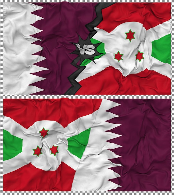 Burundi versus Qatar Halve gecombineerde vlag Cloth Bump Texture 3D Rendering