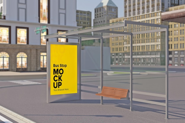Автобусная остановка Billboard Bus Shelter Signage Mockup 3d-рендеринг