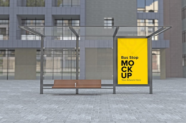 Автобусная остановка Billboard Bus Shelter Signage Mockup 3d-рендеринг