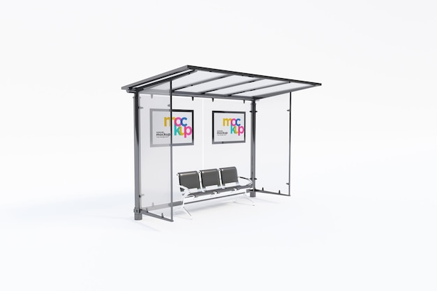 PSD bus stop bus shelter mockup with white background