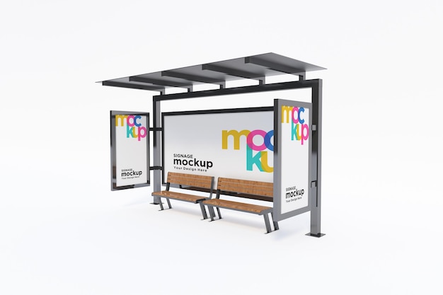 PSD bus stop bus shelter mockup with white background