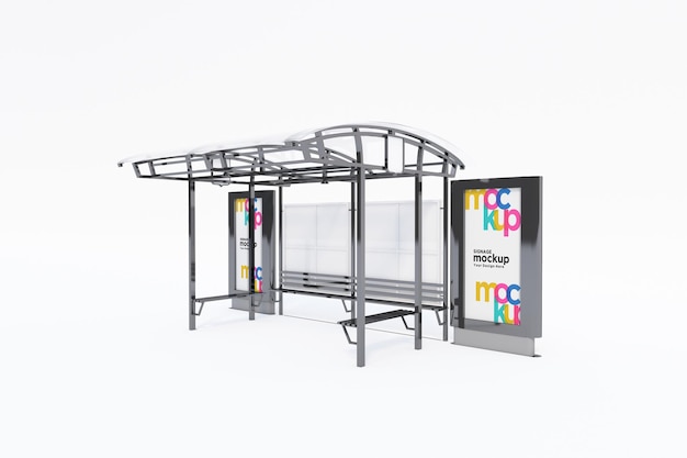 PSD bus stop bus shelter mockup with white background