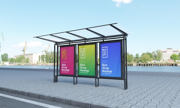 Bus stop bus shelter sign mockup 3d rendering