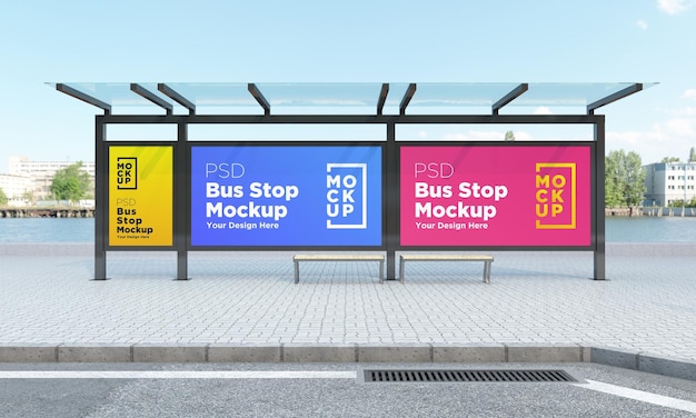 Bus stop bus shelter three signs mockup 3d rendering