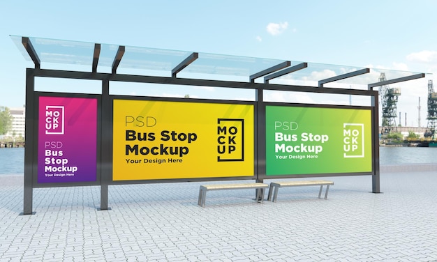 Bus stop bus shelter three signs mockup 3d rendering