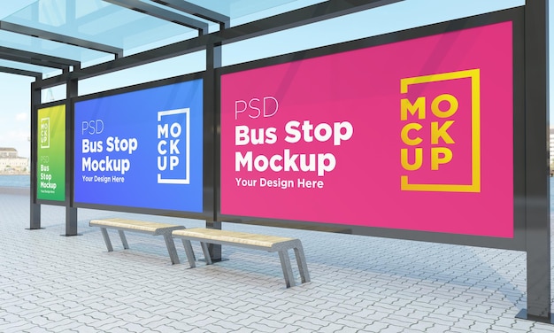 Bus stop bus shelter three signs mockup 3d rendering