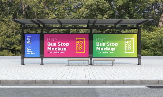 Bus Stop Bus Shelter Three Signs Mockup 3d Rendering