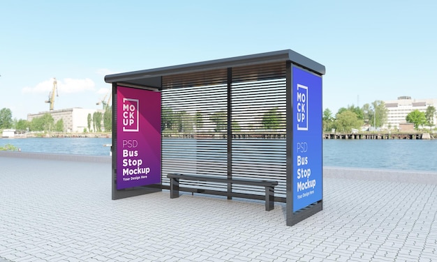 Bus stop bus shelter two signs mockup 3d rendering