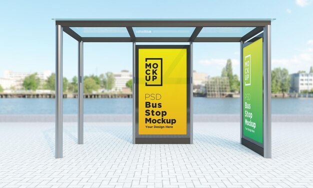 Bus stop bus shelter two signs mockup 3d rendering