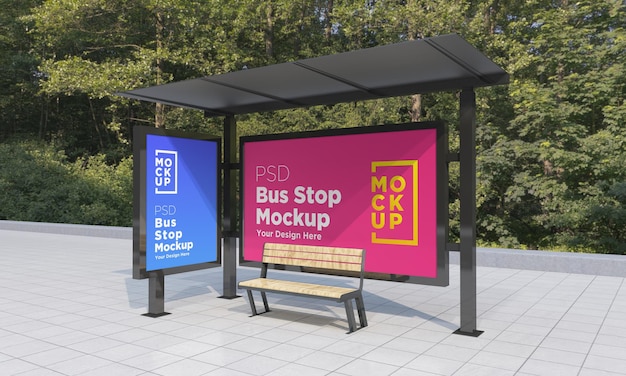 Bus Stop Bus Shelter Two Signs Mockup 3d Rendering