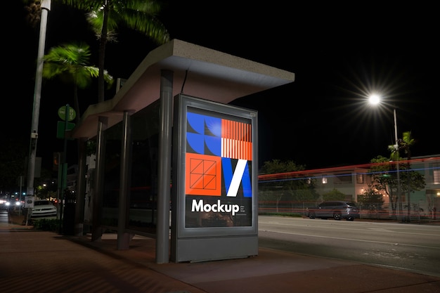 Bus stop mock-up at night in the city