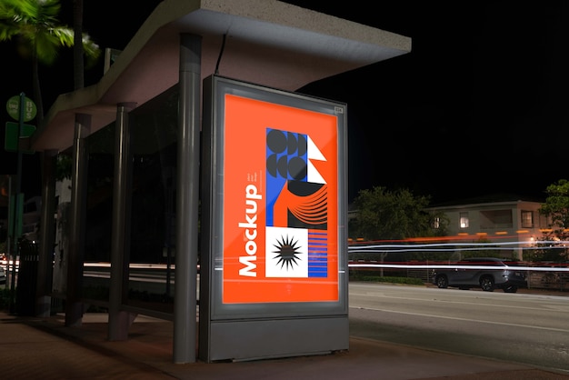 Bus stop mock-up at night in the city