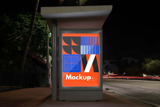 PSD bus stop mock-up at night in the city