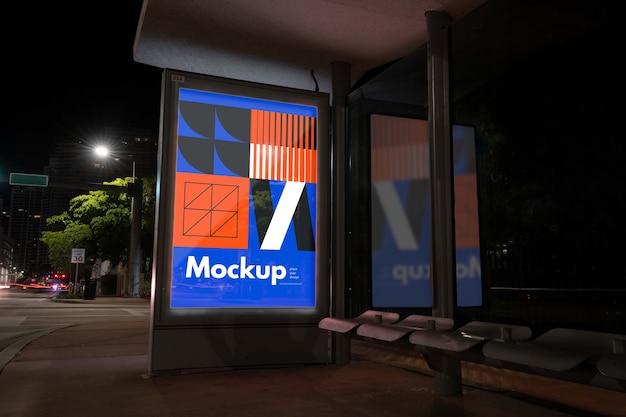 PSD bus stop mock-up at night in the city