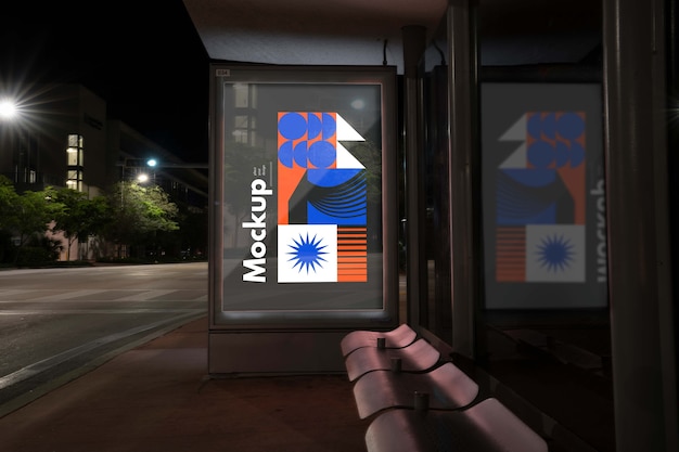 Bus stop mock-up at night in the city