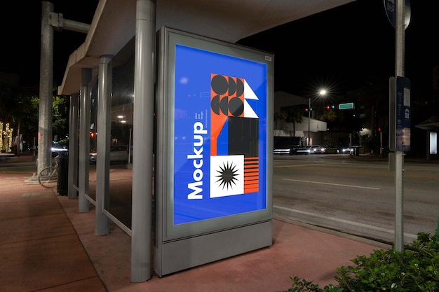 Bus stop mock-up at night in the city