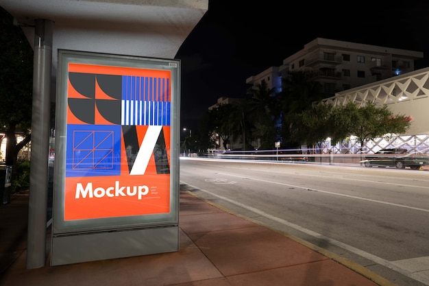 bus stop mock-up at night in the city