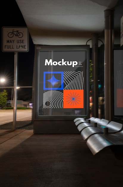 PSD bus stop mock-up at night in the city