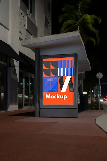 Bus stop mock-up at night in the city