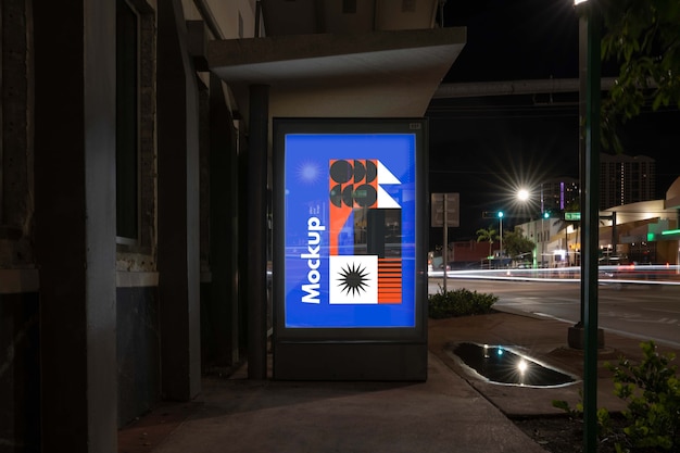 PSD bus stop mock-up at night in the city