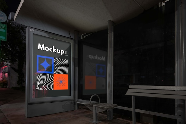 bus stop mock-up at night in the city
